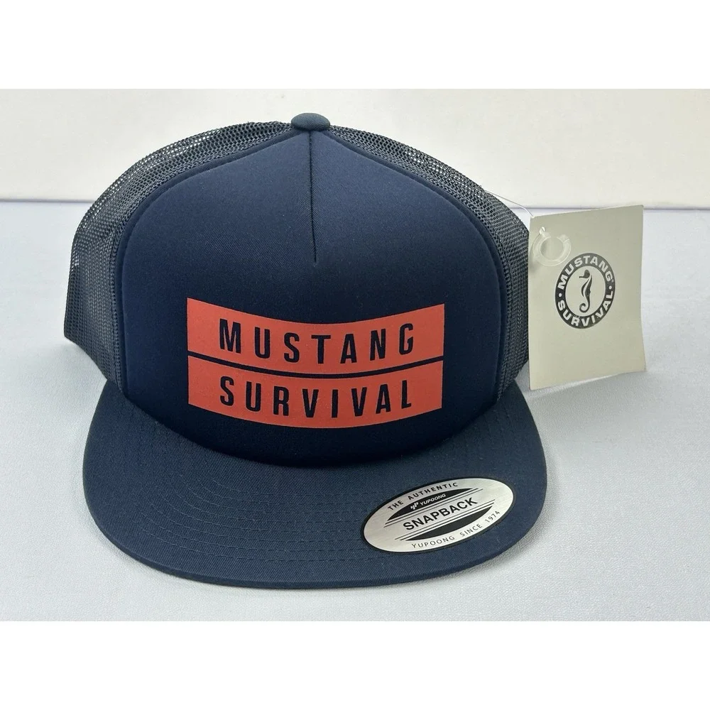 Mustang Survival Hat Yupoong Trucker Snapback Navy Mesh Cap NWT